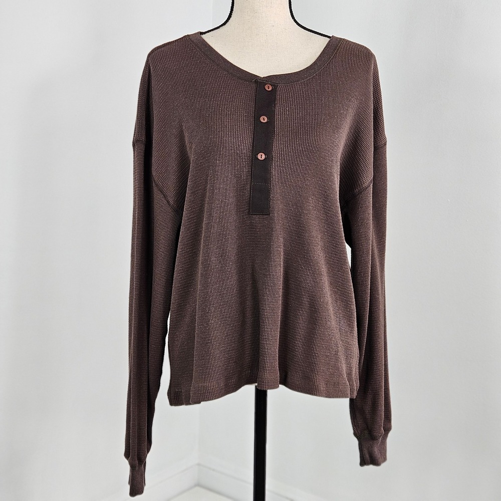 Jungmaven Mesacrop Thermal Brown‎ Henley Hemp Organic Cotton Women Large NEW